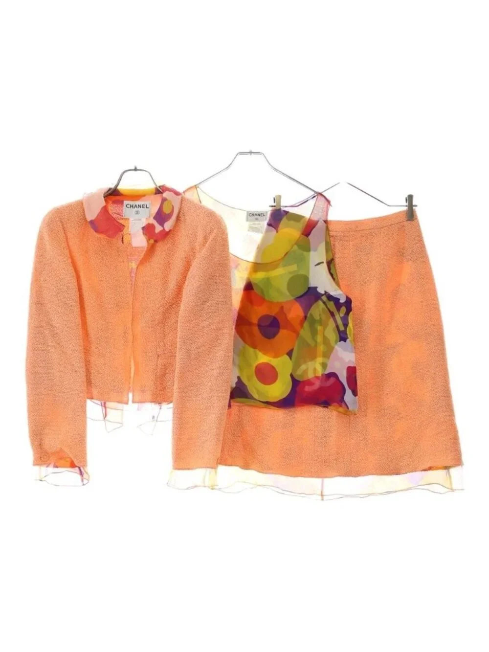 Chanel Set-Up Wool Blend Lining Scarf Short Jacket Medium Skirt Pink
